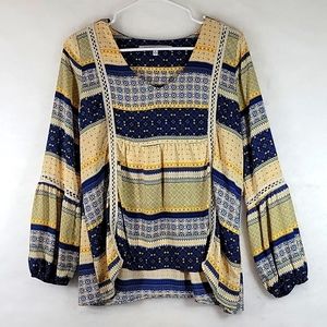 Collective Concepts Crochet Trimmed Boho Peasant Long Sleeve Blouse Size S